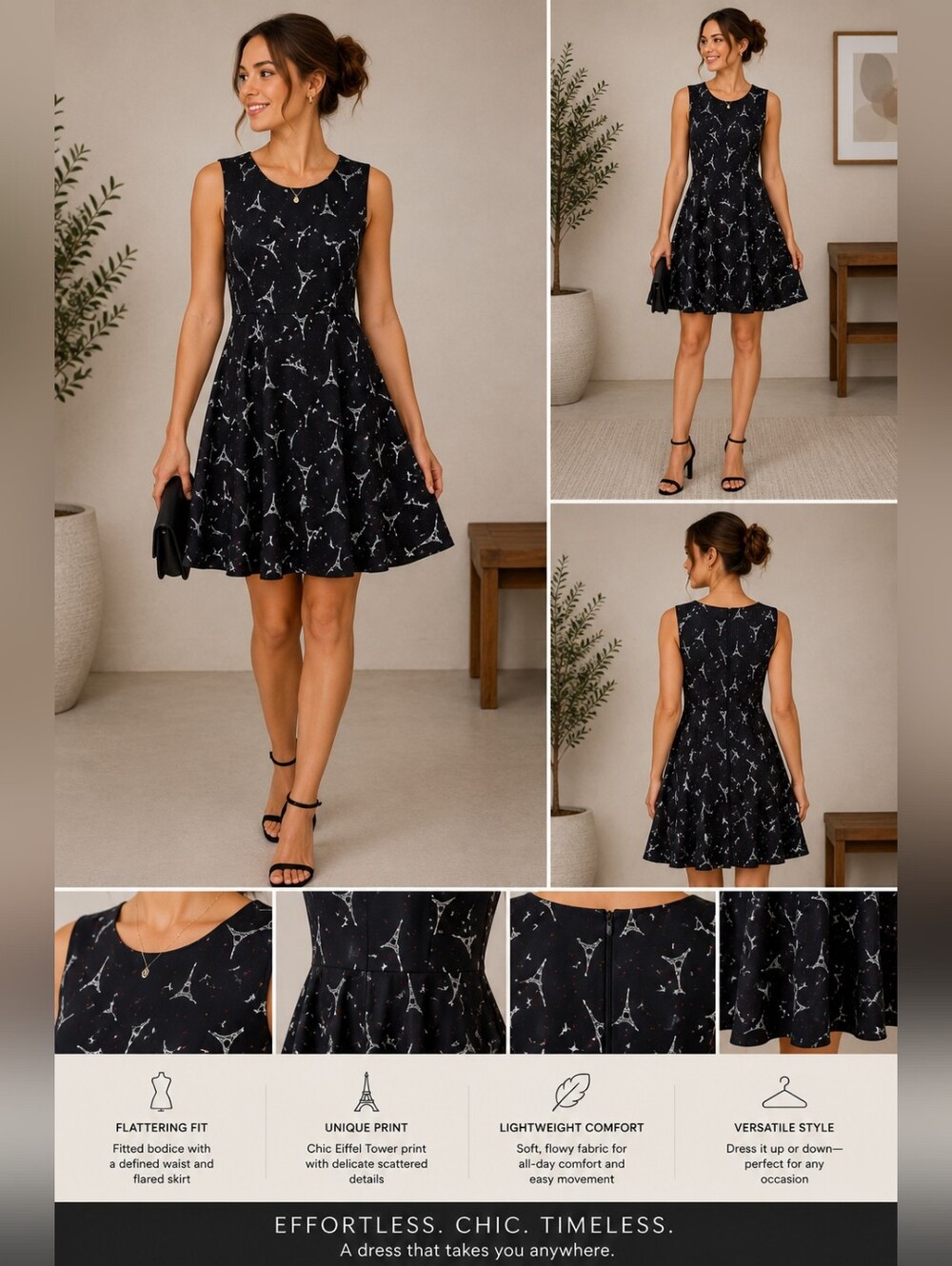 💙 Molly Bracken - Black Eiffel Tower Print Fit & Flare Dress